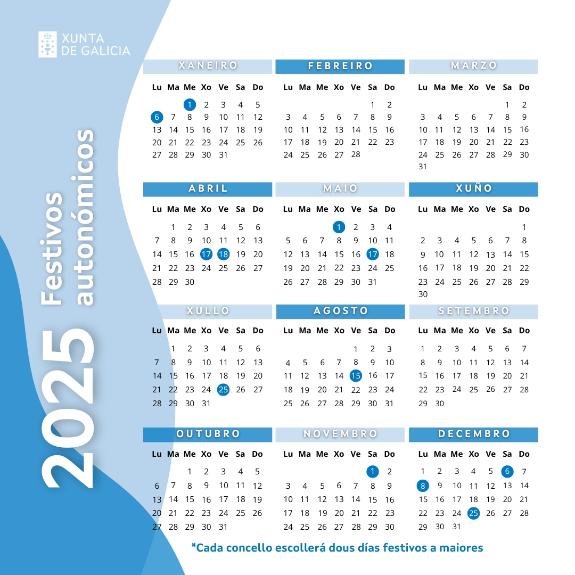 Imaxe da nova:A Xunta publica o calendario laboral para 2025 e fixa como festivos propios o 17 de maio e o 25 de xullo
